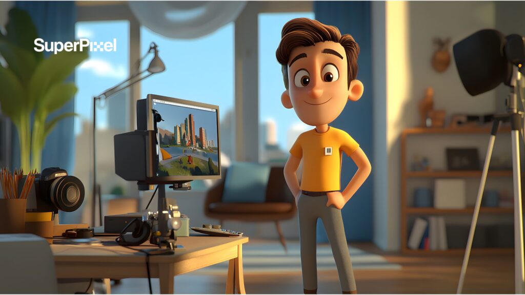 3D character creating advertising animation in a creative studio.