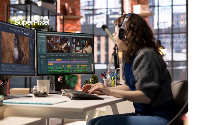 VFX artist editing film footage at SuperPixel studio in Canada.